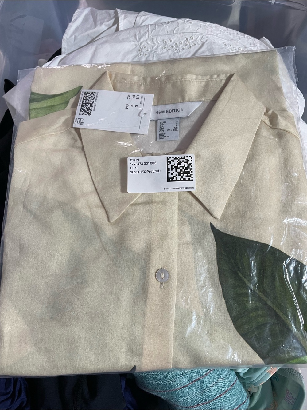H&M Cream Short-Sleeve Button-Down with Green Leaf Print